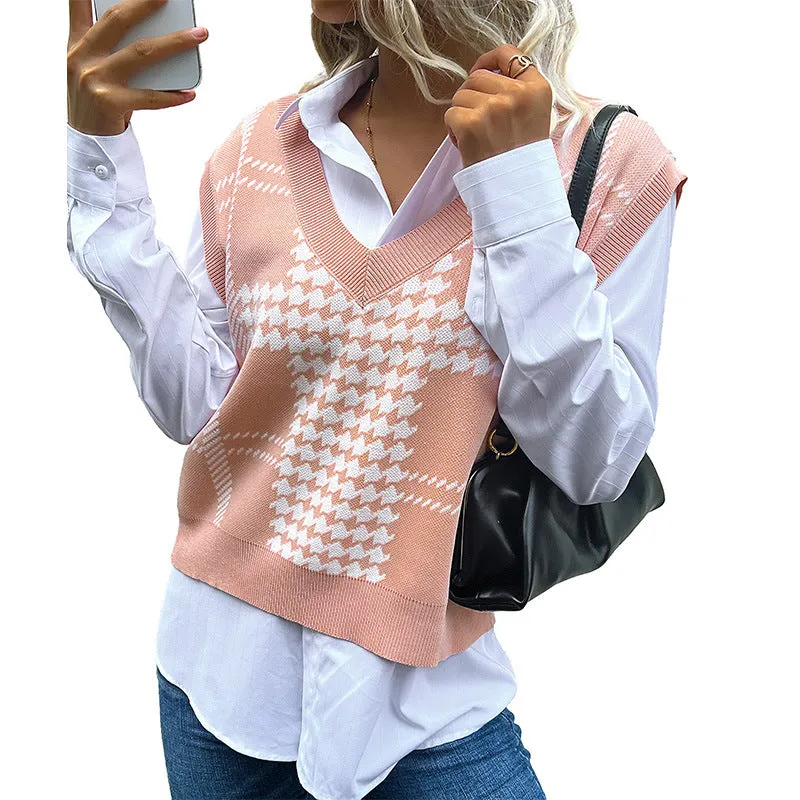 PEOPLETERRITORY 's new popular autumn and winter New 2025 sleeveless vest with a thousand bird grid knitted vest female sweet and spicy style