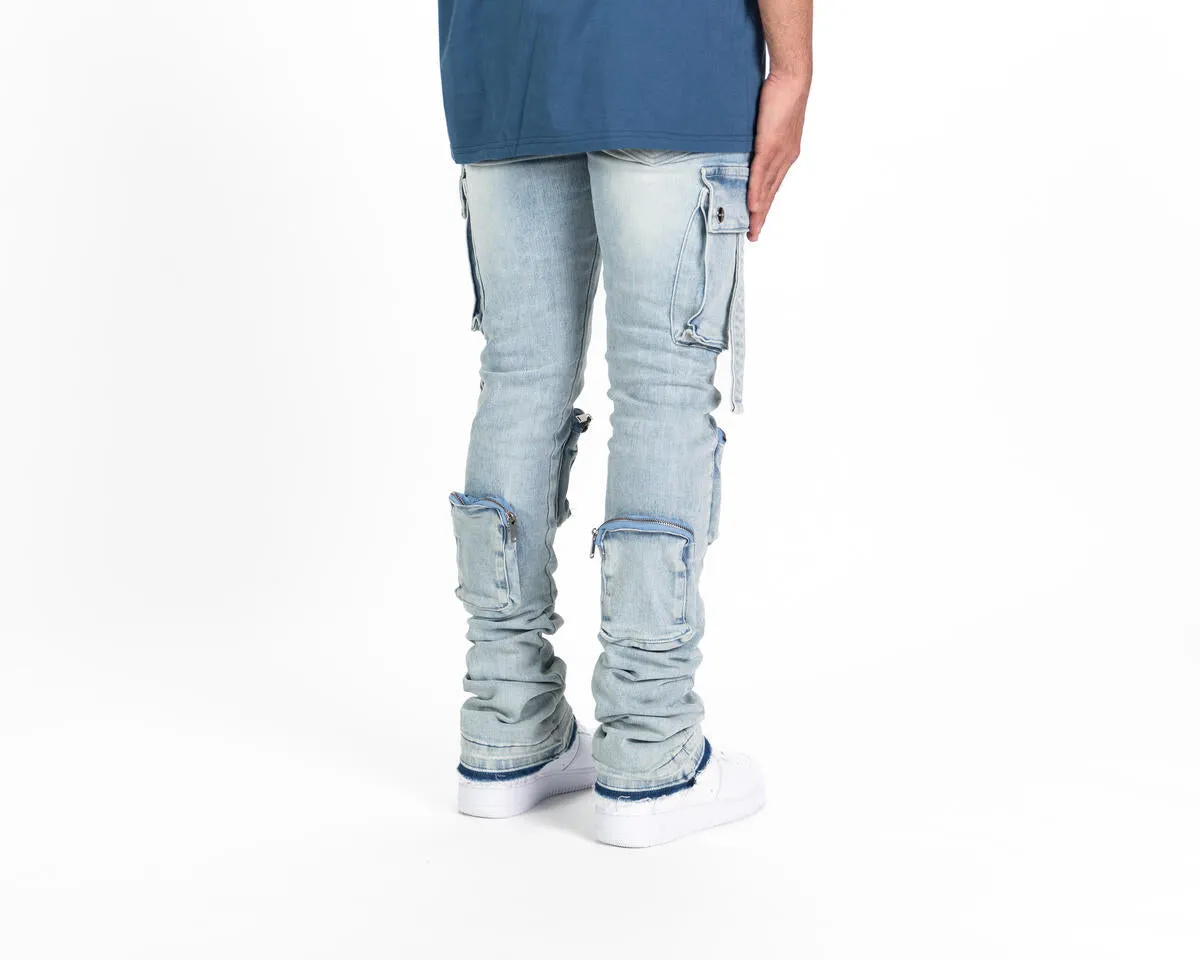 Pheelings NEVER LOOK BACK CARGO FLARE STACK DENIM (LIGHT BLUE)