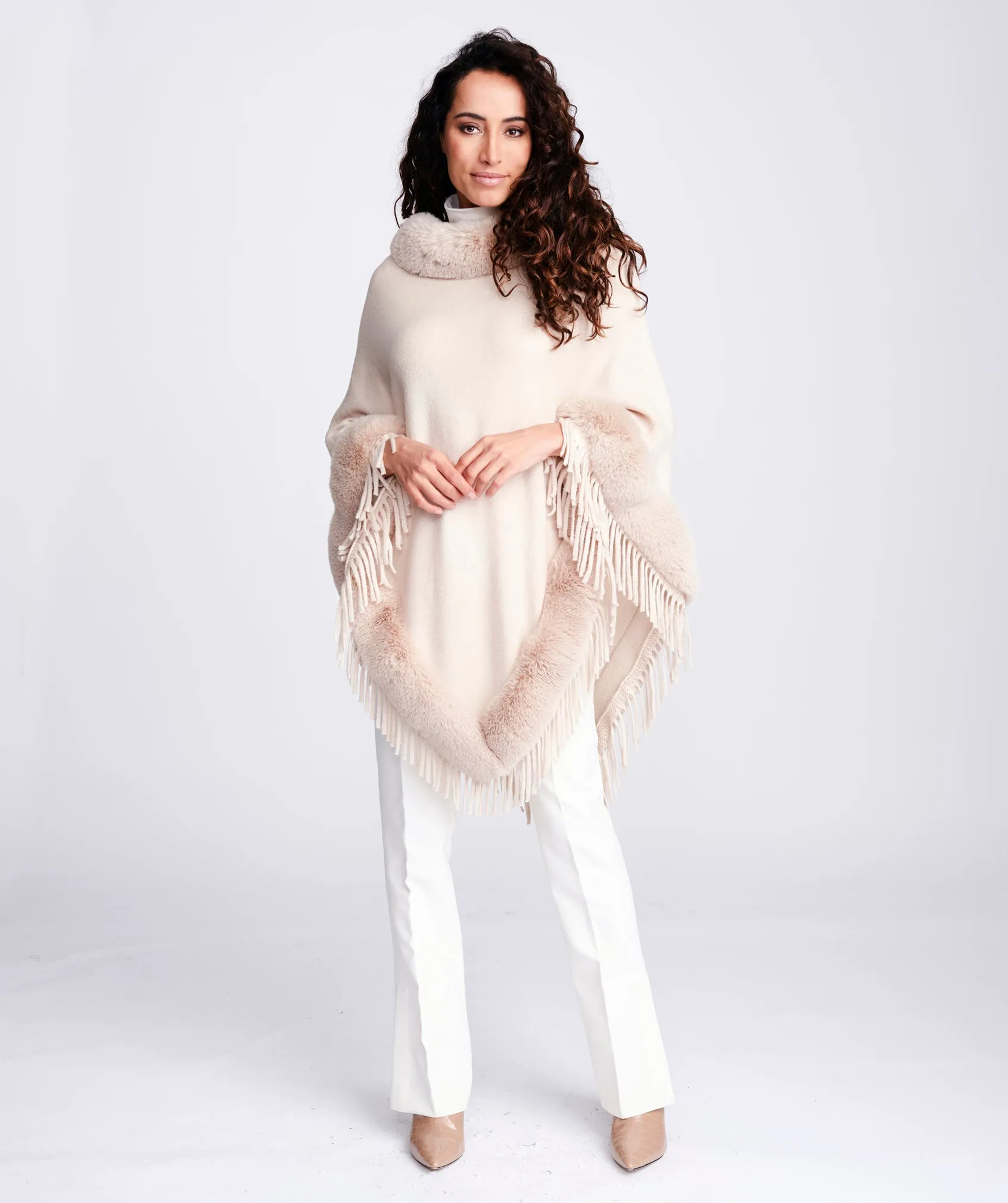 PIA ROSSINI  FAUX FUR PONCHO IN NUDE OR BLACK