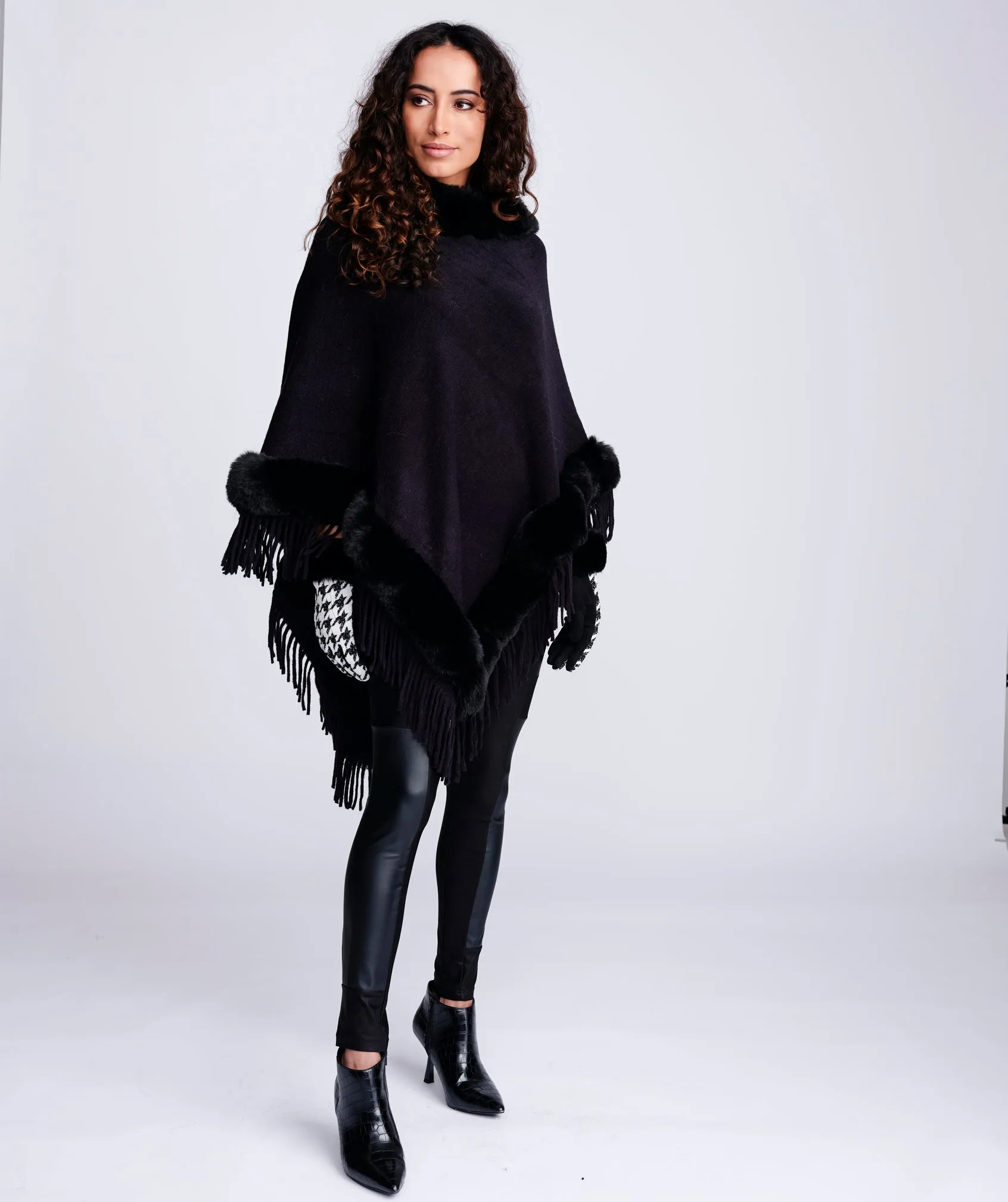 PIA ROSSINI  FAUX FUR PONCHO IN NUDE OR BLACK