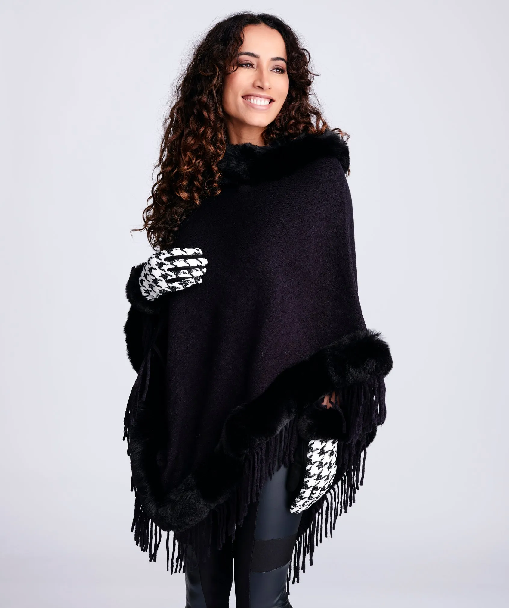 PIA ROSSINI  FAUX FUR PONCHO IN NUDE OR BLACK