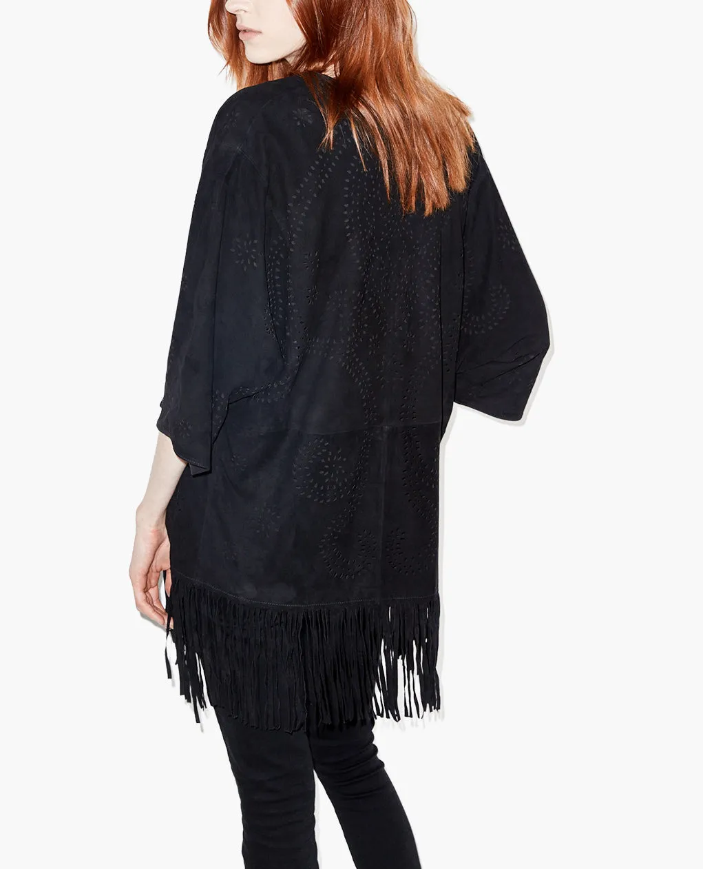 Poncho en daim à franges et détails ajourés