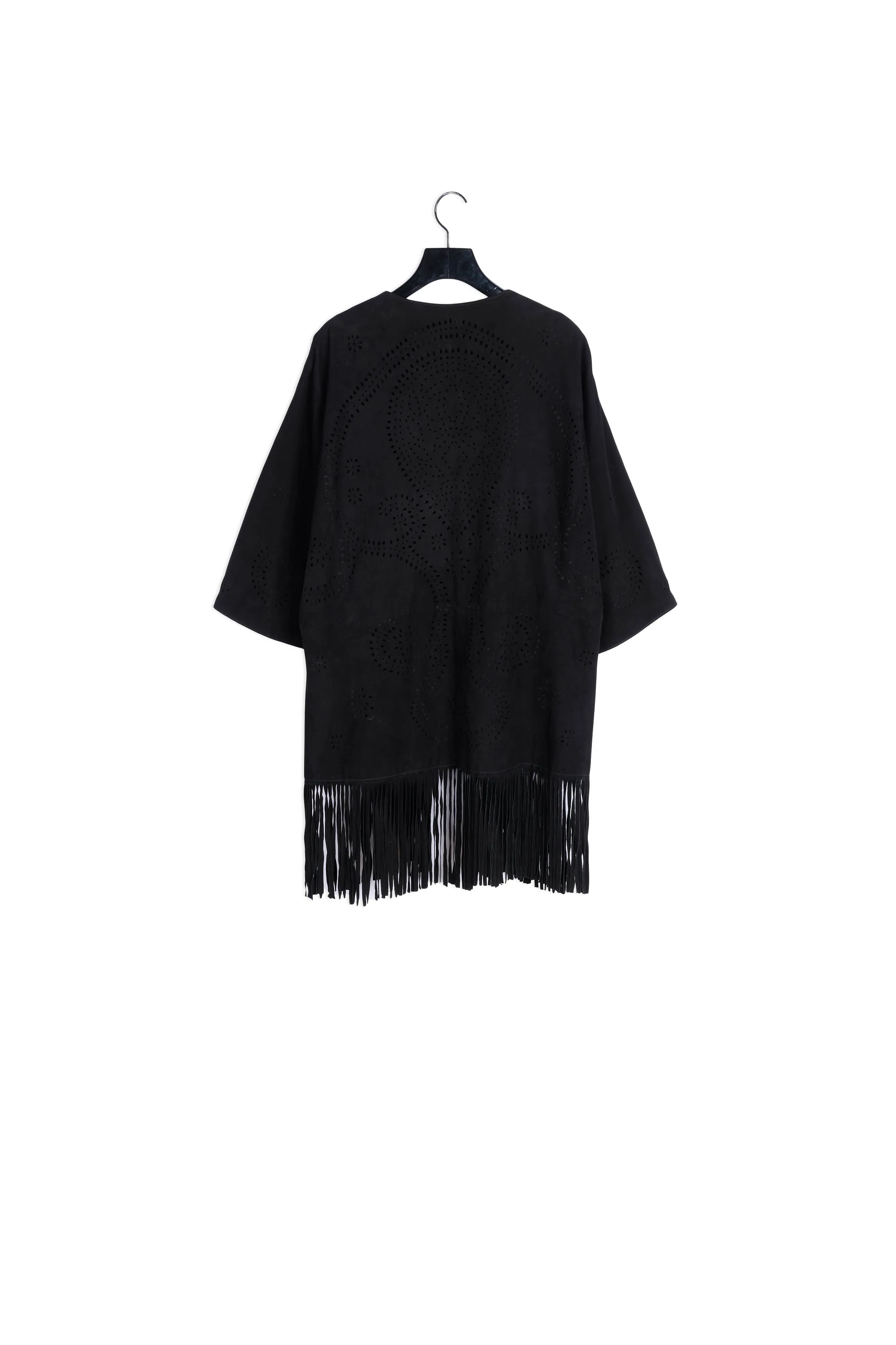 Poncho en daim à franges et détails ajourés
