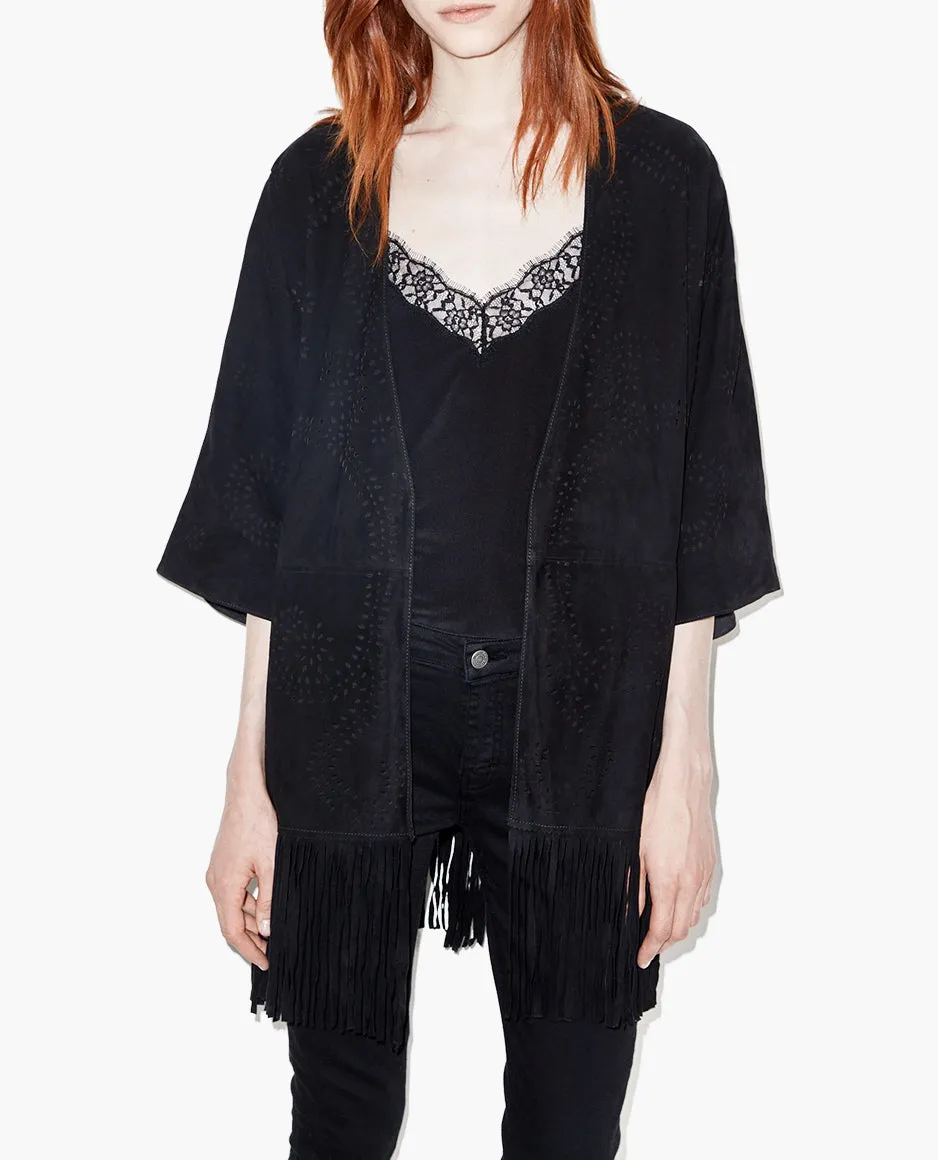 Poncho en daim à franges et détails ajourés