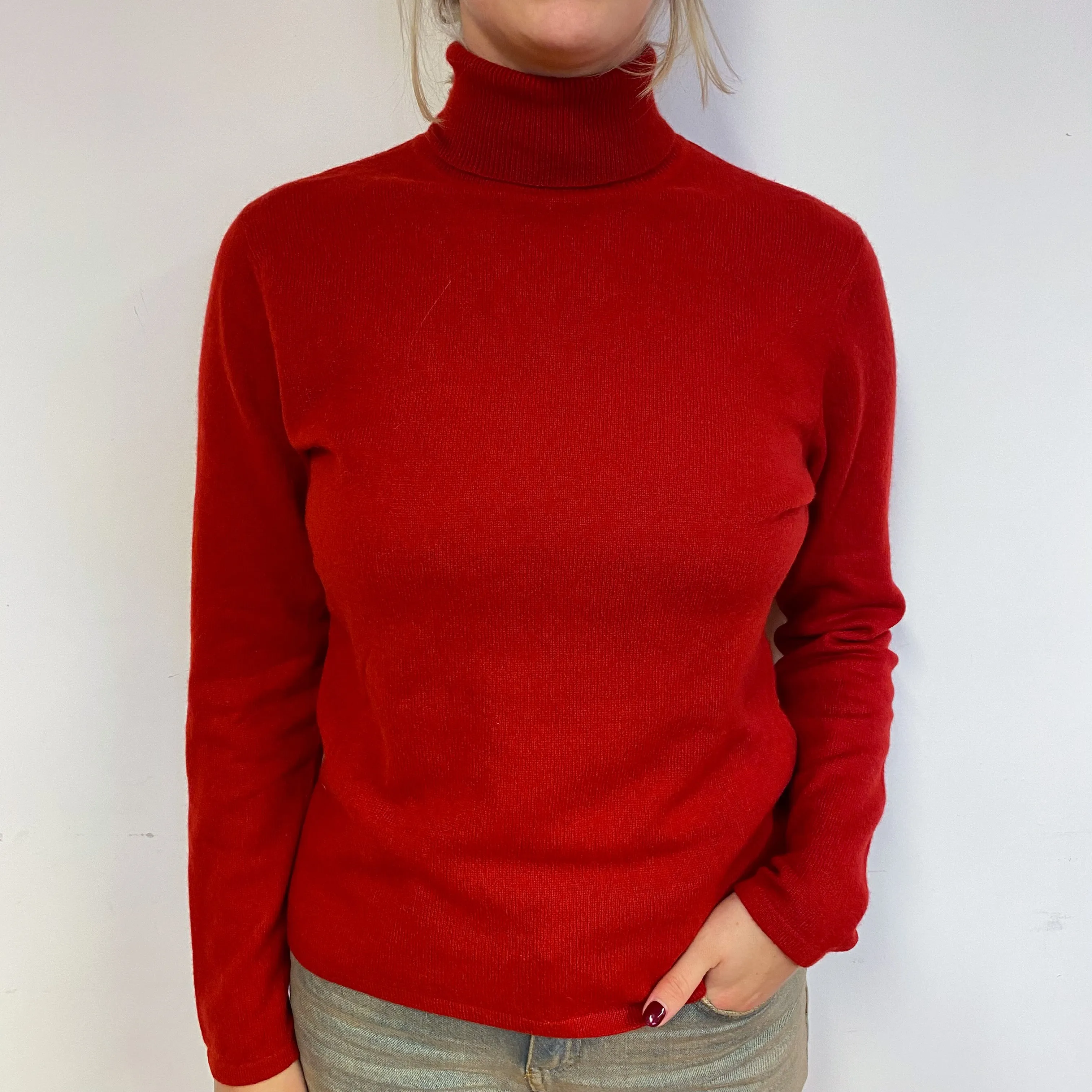 Post Box Red Cashmere Polo Neck Jumper Small