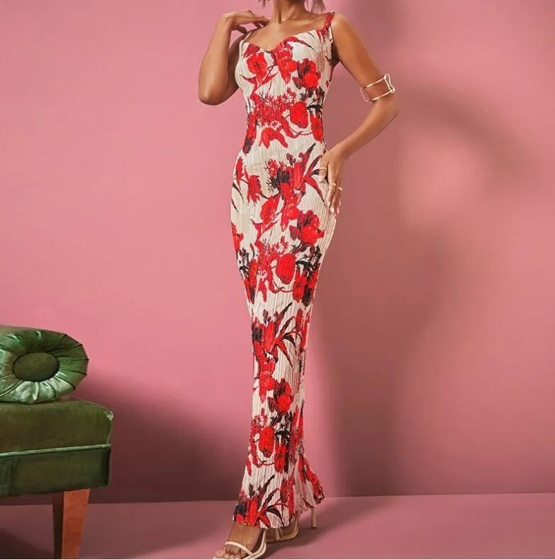 Printed Pleated Slim Fit Slimming Spaghetti Straps Maxi Dress