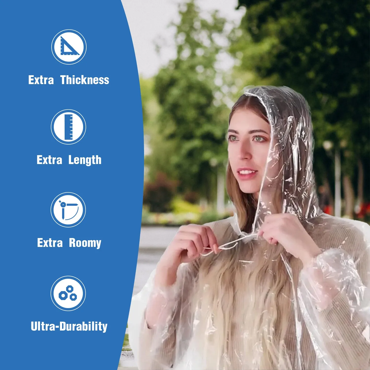 ProtectX Premium Disposable Rain Ponchos with Elastic Cuffs and Drawstring Hood