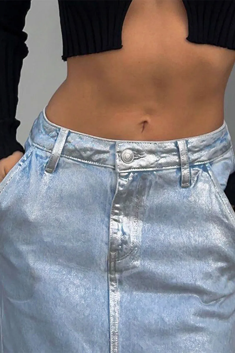 QG697 Denim Low Waist Maxi Skirt