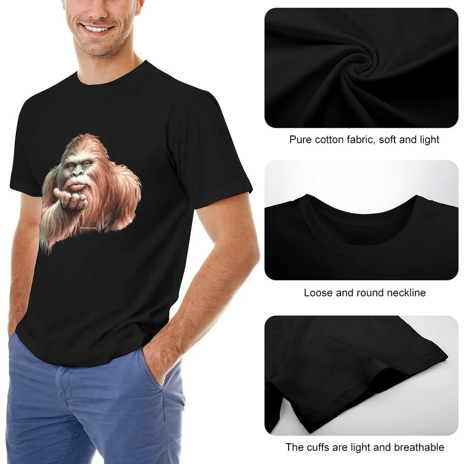 Sasquatch, Bigfoot Blow Kiss, Short Sleeve Cotton T-shirt