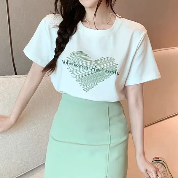 Short-Sleeved Printed T-Shirt Slit Slim Skirt Set