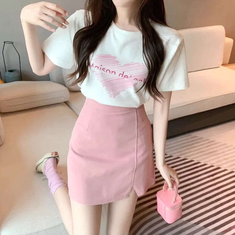 Short-Sleeved Printed T-Shirt Slit Slim Skirt Set