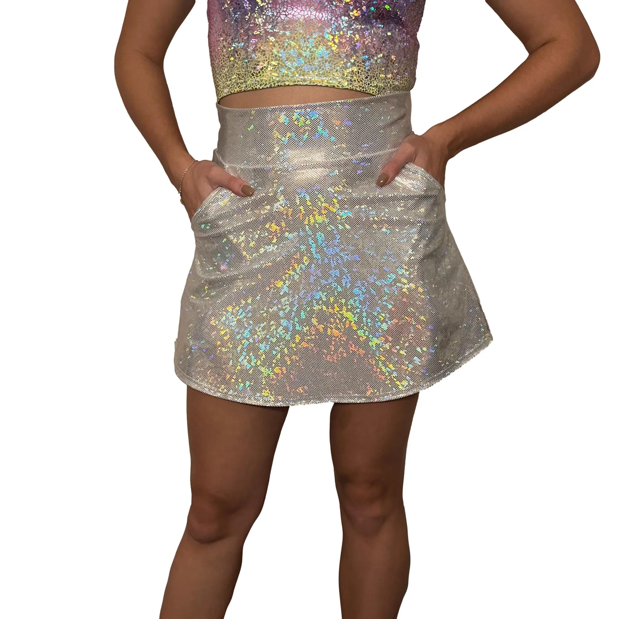 Silver on White Shattered Glass A-line Skirt w/Optional Pockets