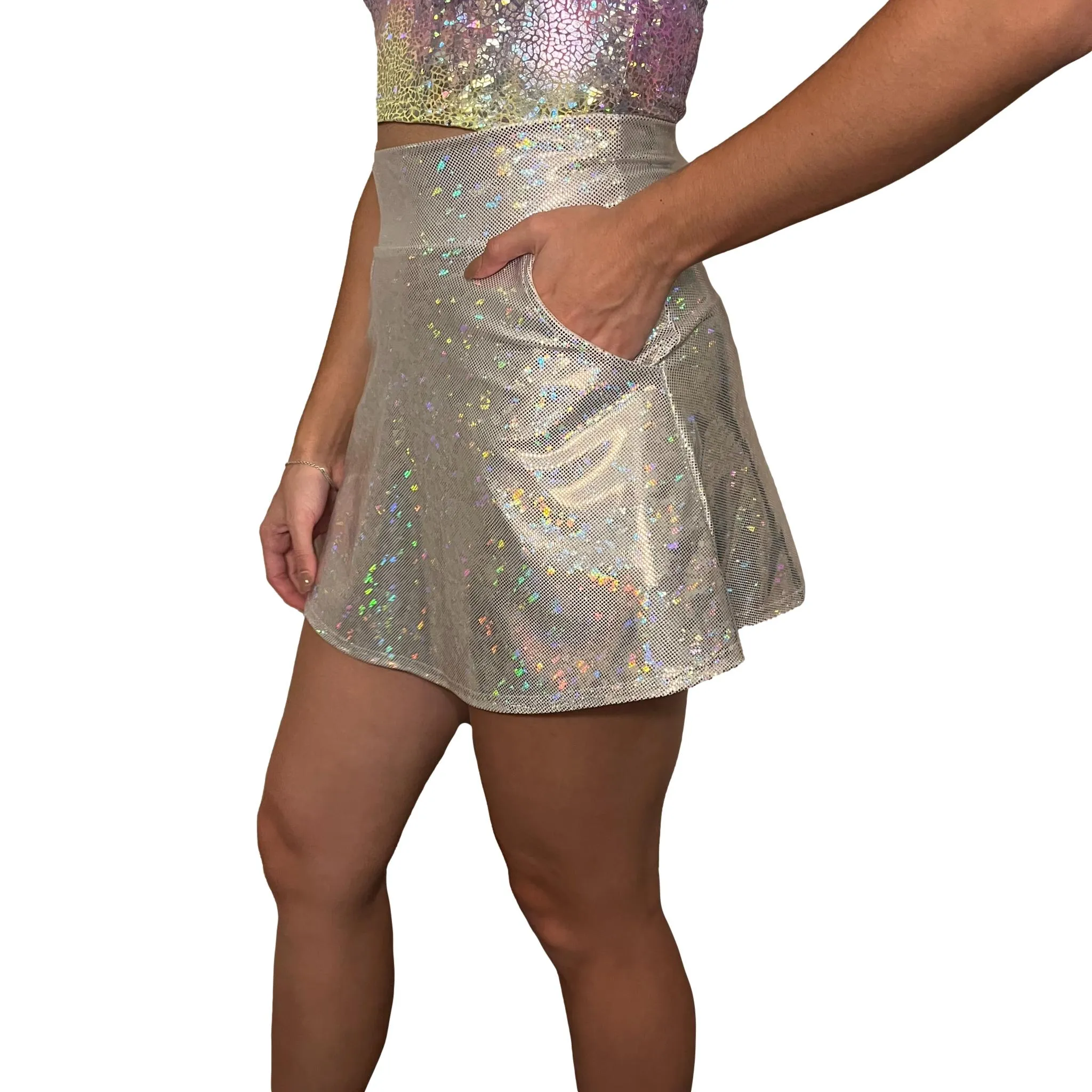 Silver on White Shattered Glass A-line Skirt w/Optional Pockets