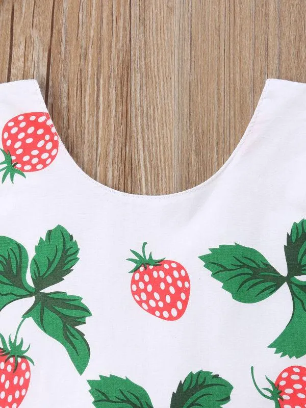Sleeveless Strawberry Checked Dress Lace-trimmed Bread Pants for Baby Little Girl