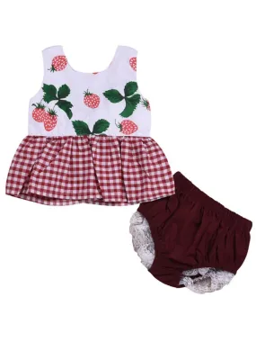 Sleeveless Strawberry Checked Dress Lace-trimmed Bread Pants for Baby Little Girl