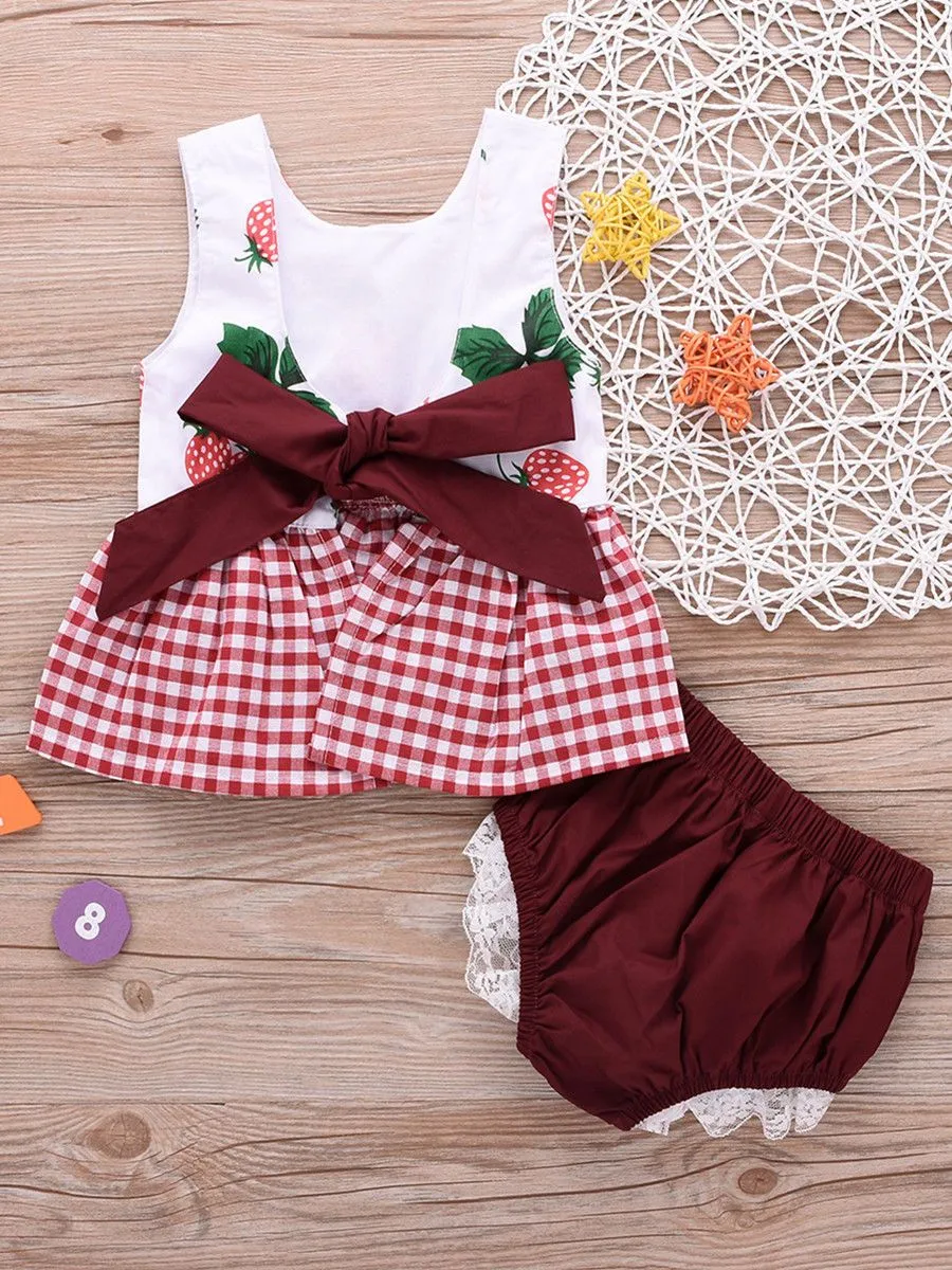 Sleeveless Strawberry Checked Dress Lace-trimmed Bread Pants for Baby Little Girl
