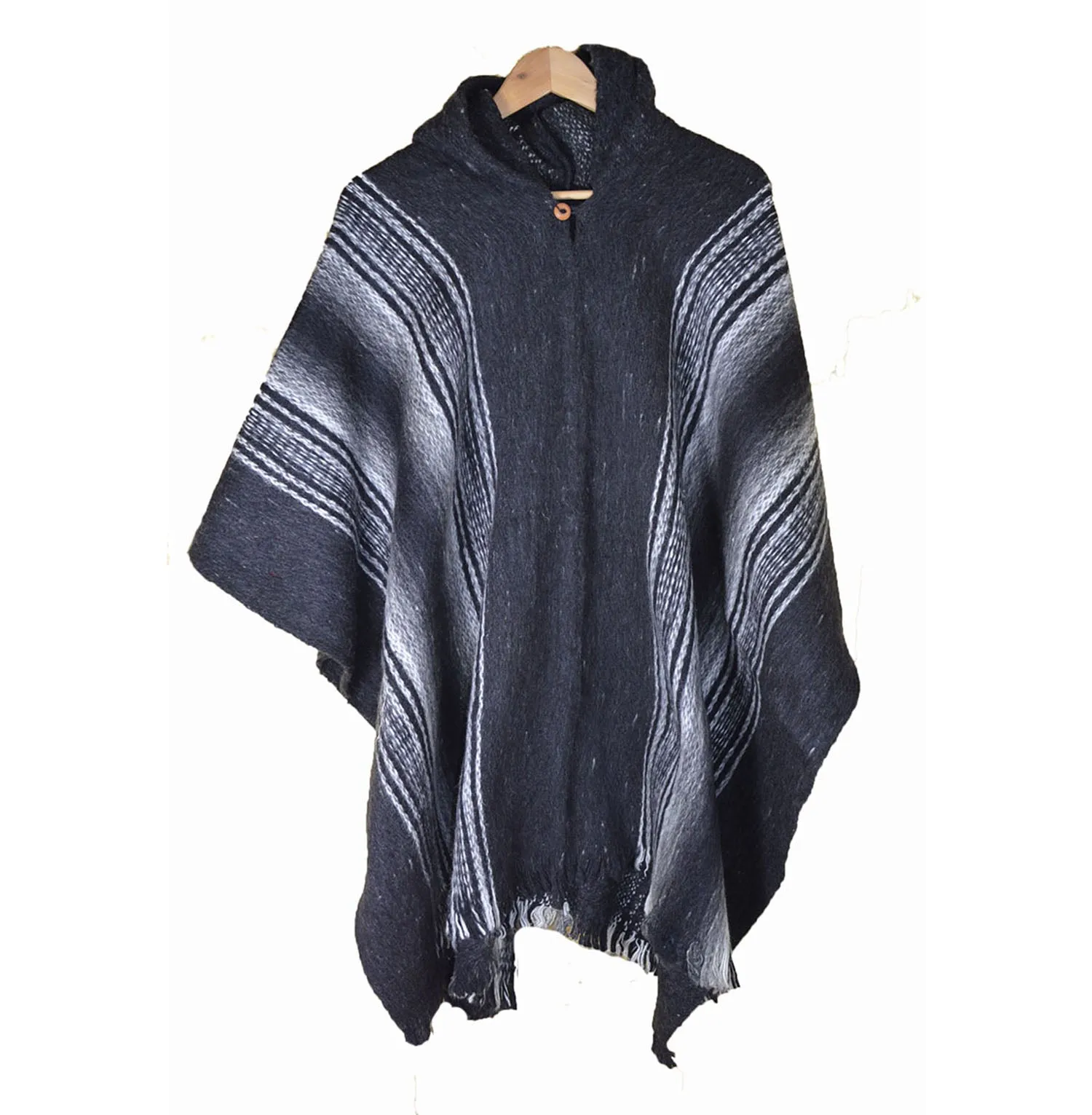 South American hand made Hooded wool poncho Stripe Dark Grey