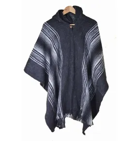 South American hand made Hooded wool poncho Stripe Dark Grey