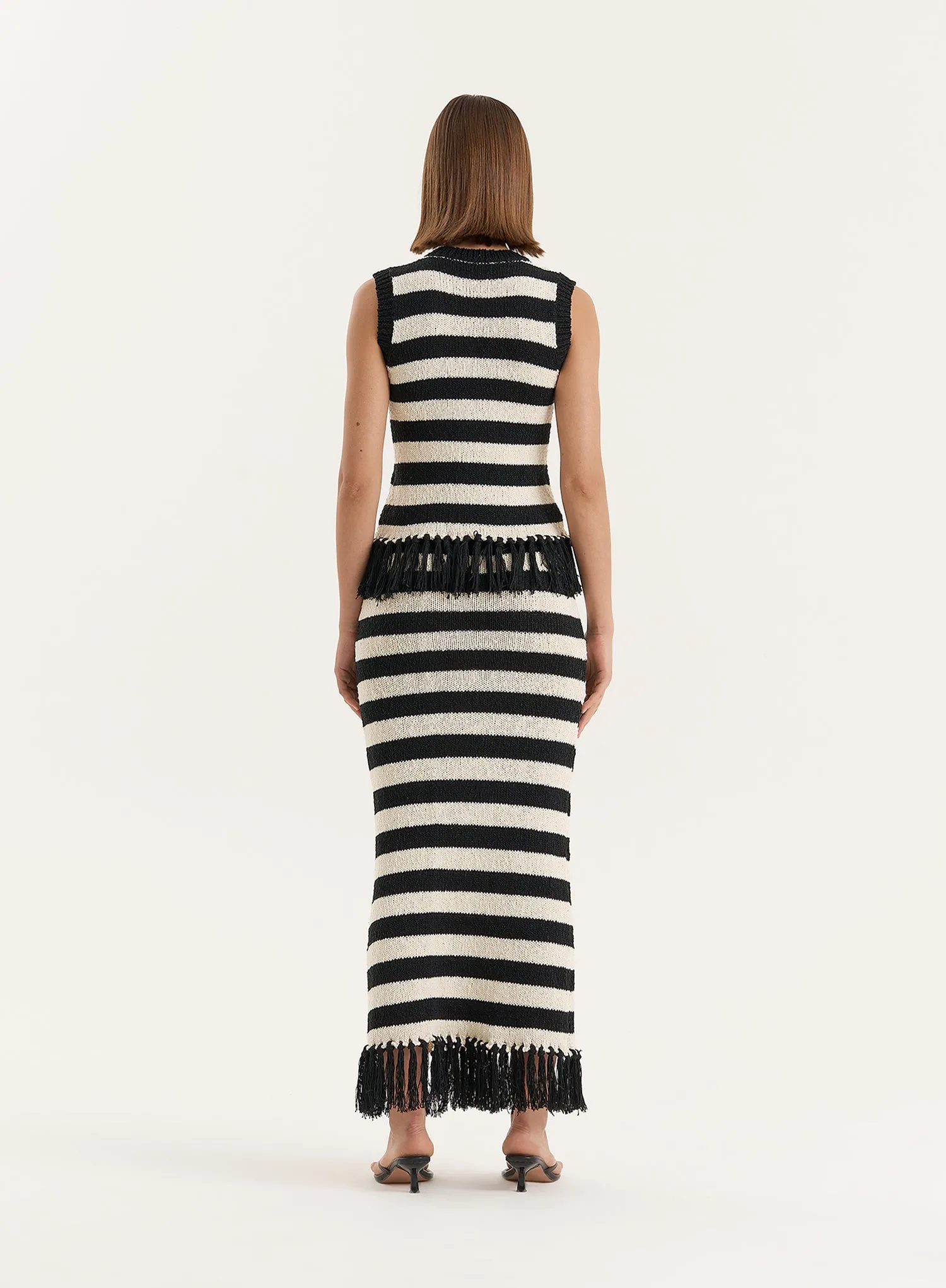 Striped Sleeveless Knitted Tassel Trim Top- Lauryn