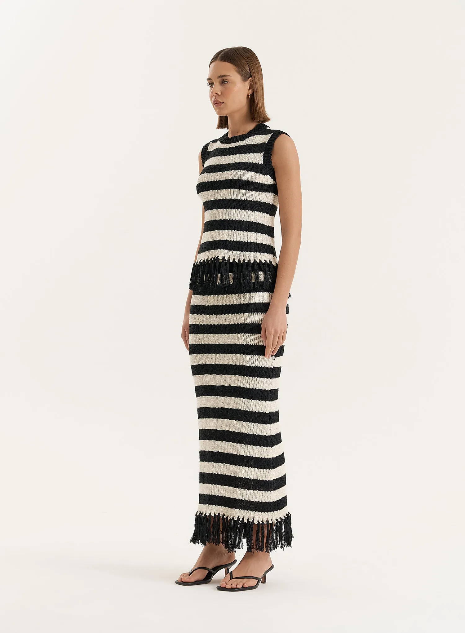 Striped Sleeveless Knitted Tassel Trim Top- Lauryn