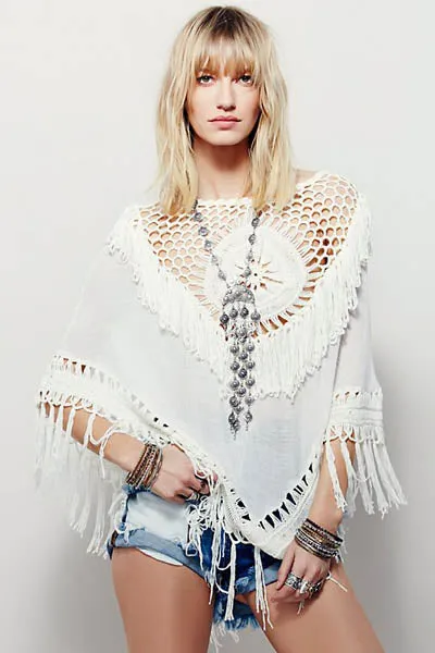 Sundial Fringe Poncho White