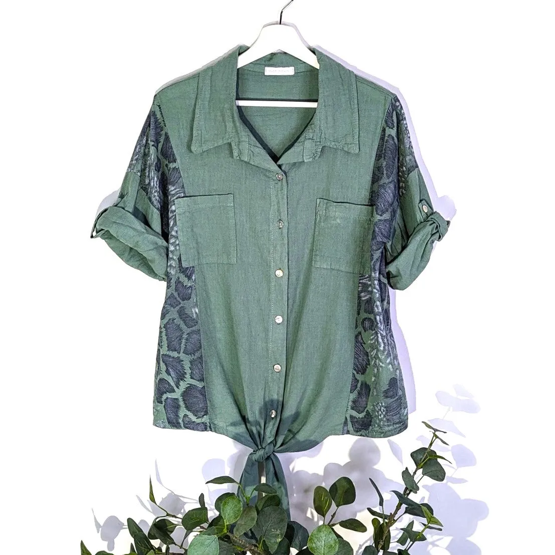 Superior linen mix button down top with tie animal print panels (M)