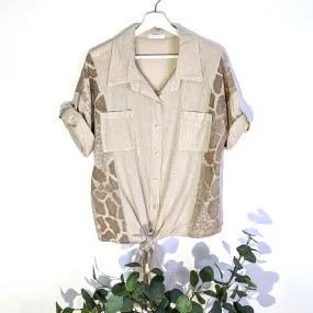 Superior linen mix button down top with tie animal print panels (M)