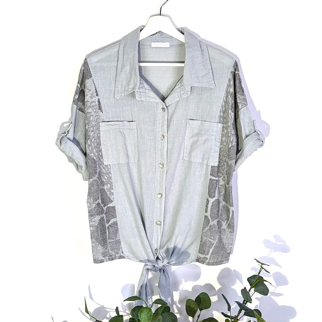 Superior linen mix button down top with tie animal print panels (M)