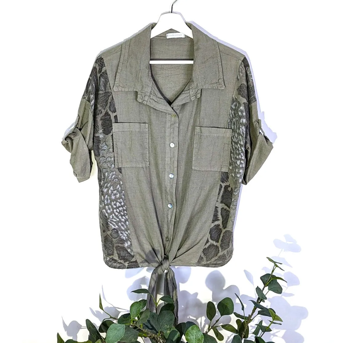 Superior linen mix button down top with tie animal print panels (M)