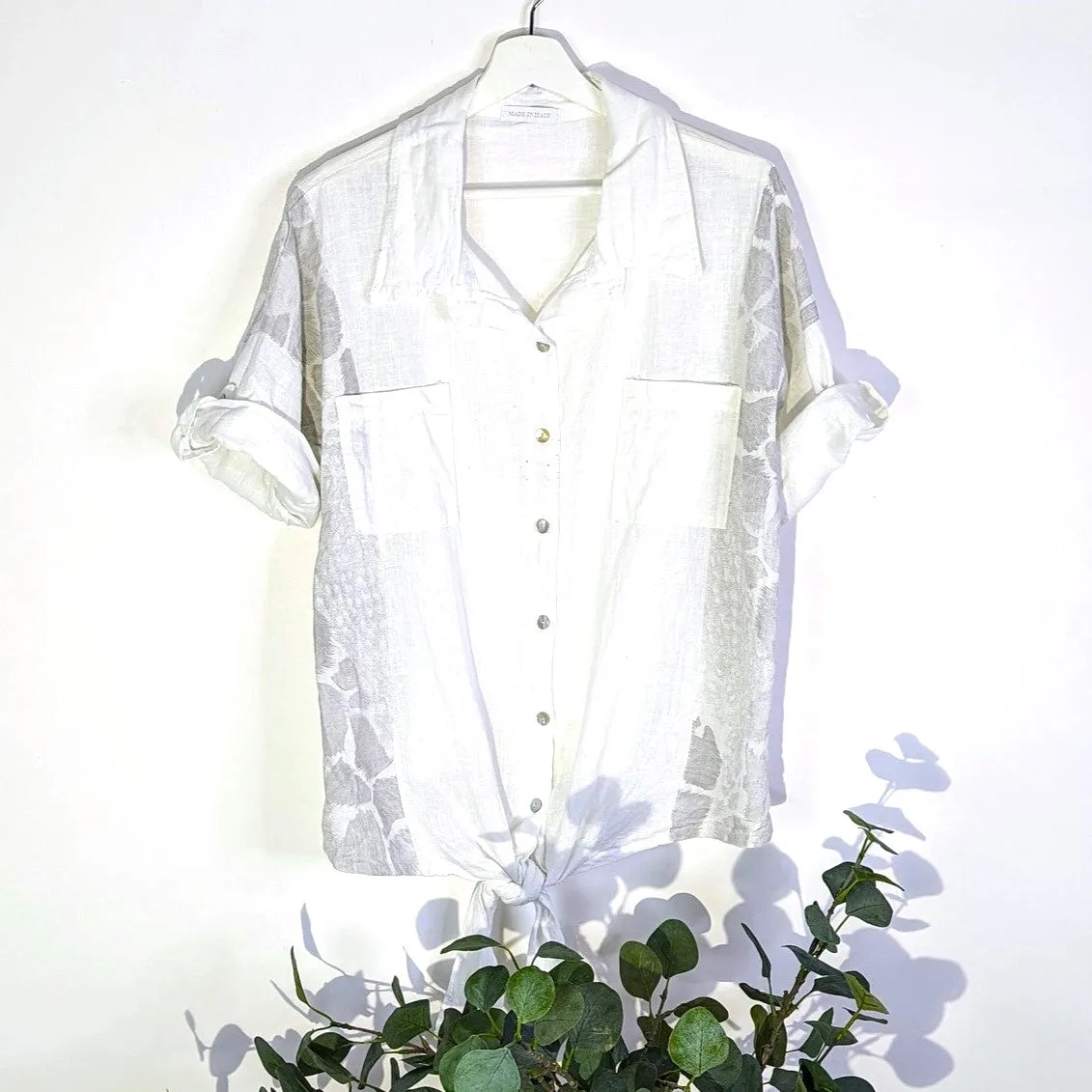 Superior linen mix button down top with tie animal print panels (M)