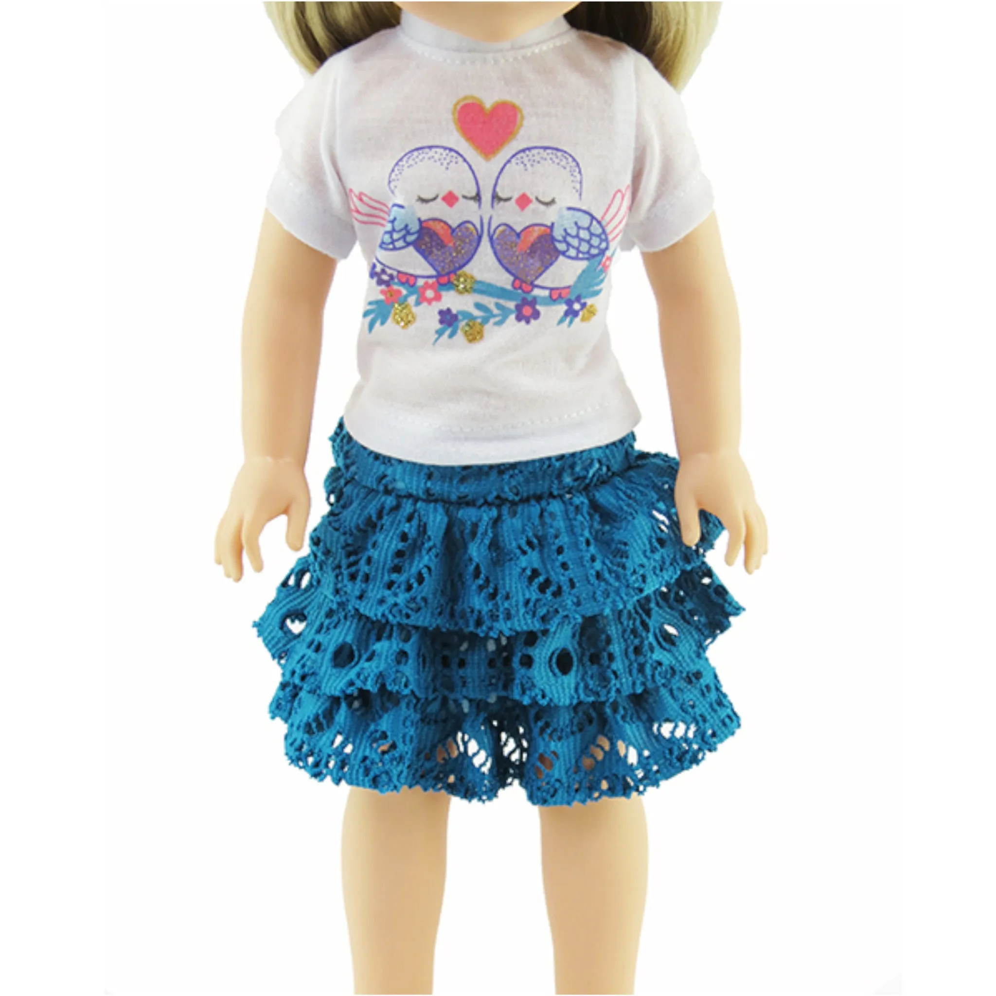 Teal Love Birds Skirt Set for 14 1/2-inch dolls