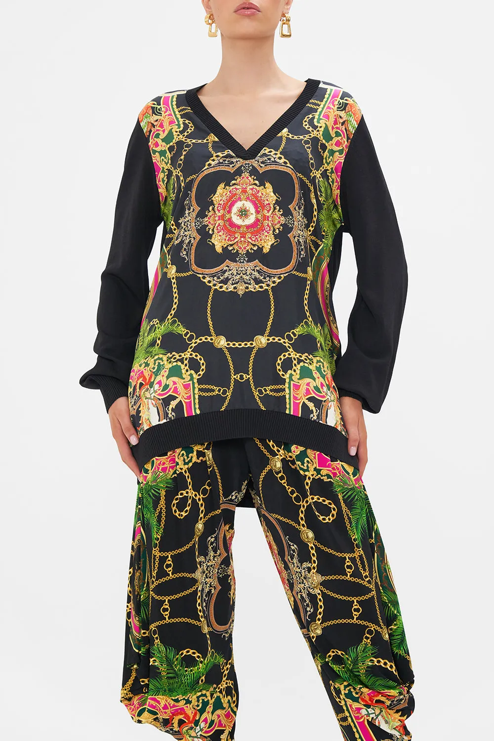 V NECK SILK FRONT JUMPER JEALOUSY AND JEWELS