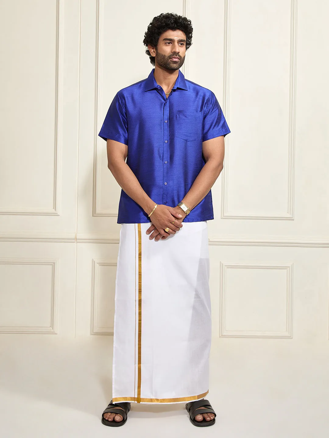 VASTRAMAY Men's Royal Blue Silk Blend Shirt And Mundu