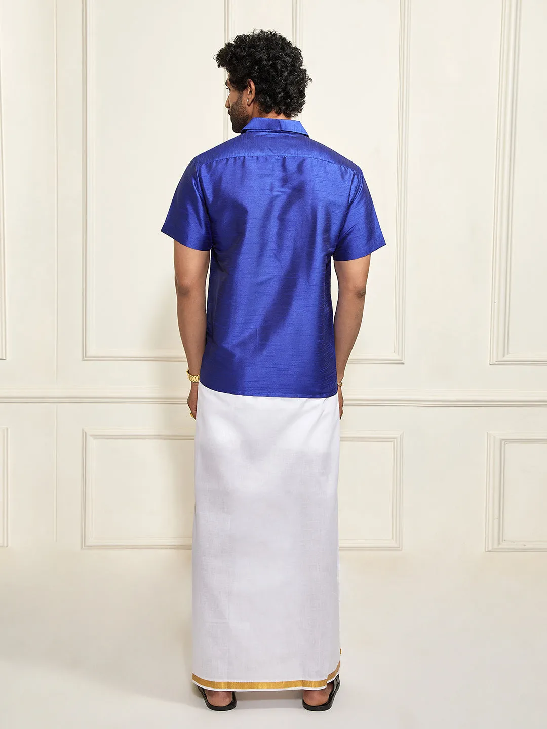 VASTRAMAY Men's Royal Blue Silk Blend Shirt And Mundu