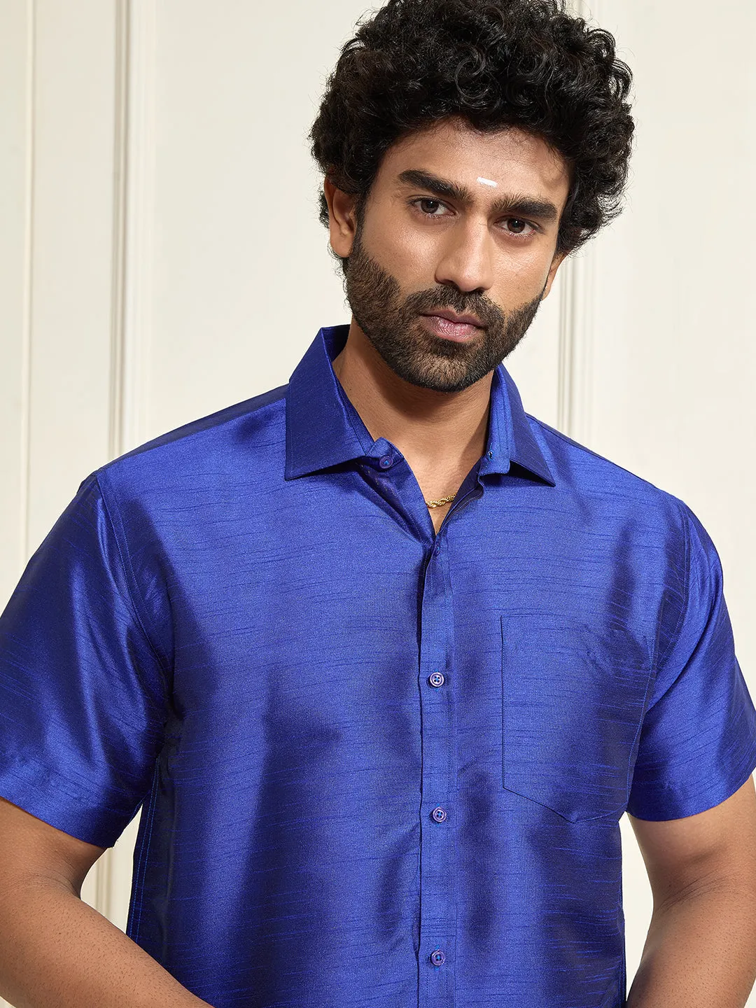 VASTRAMAY Men's Royal Blue Silk Blend Shirt And Mundu
