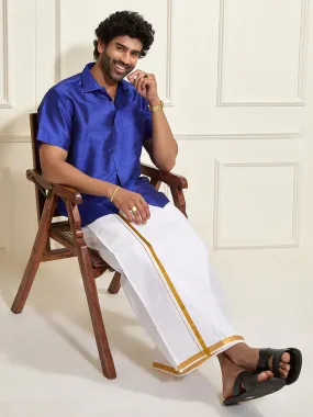 VASTRAMAY Men's Royal Blue Silk Blend Shirt And Mundu