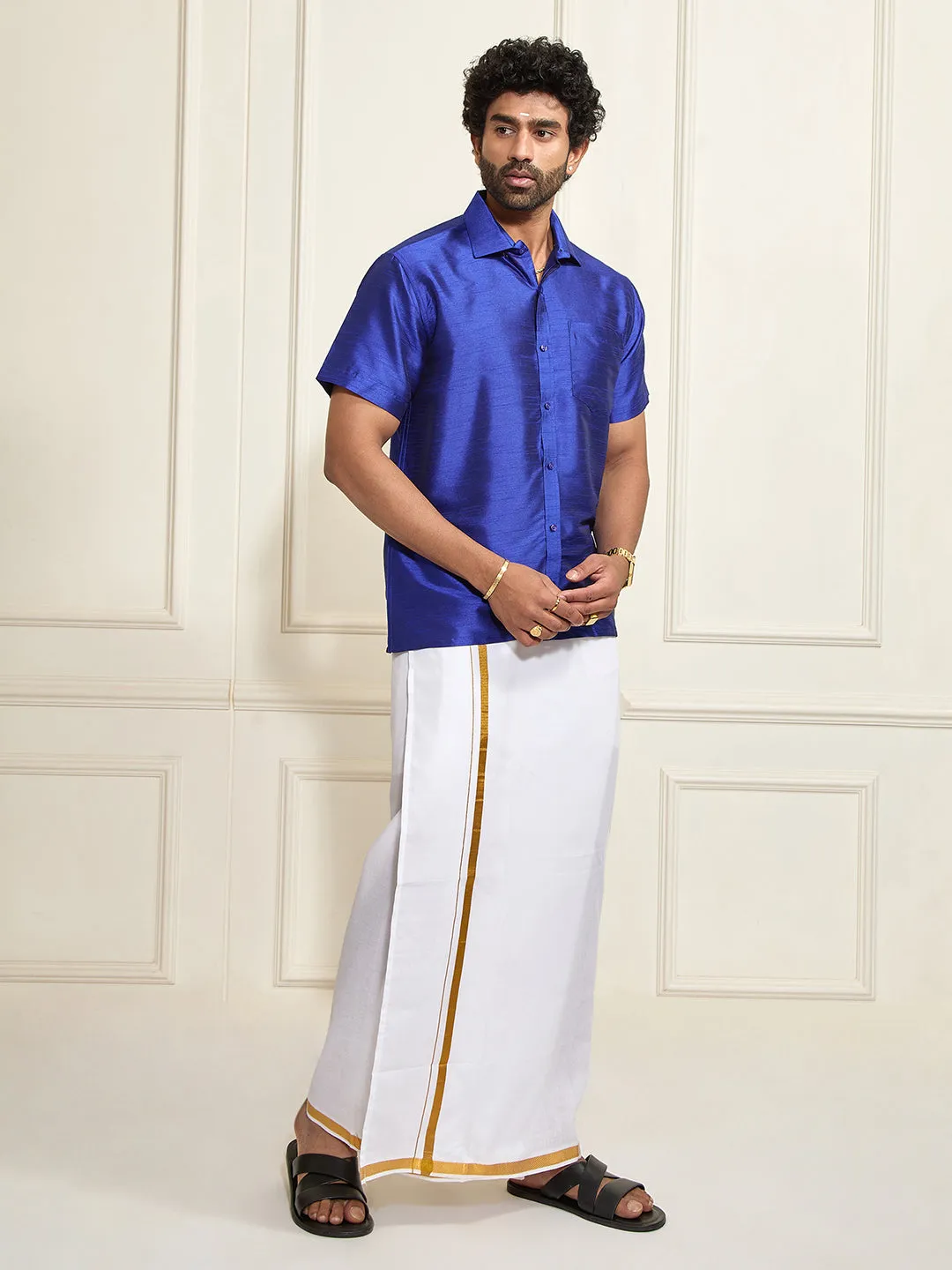 VASTRAMAY Men's Royal Blue Silk Blend Shirt And Mundu