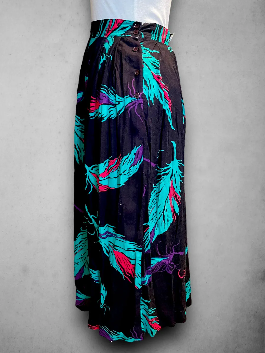 Vintage 1980’s Long Black, Teal Blue, Magenta Pink & Purple Feather Pattern Pocket Skirt