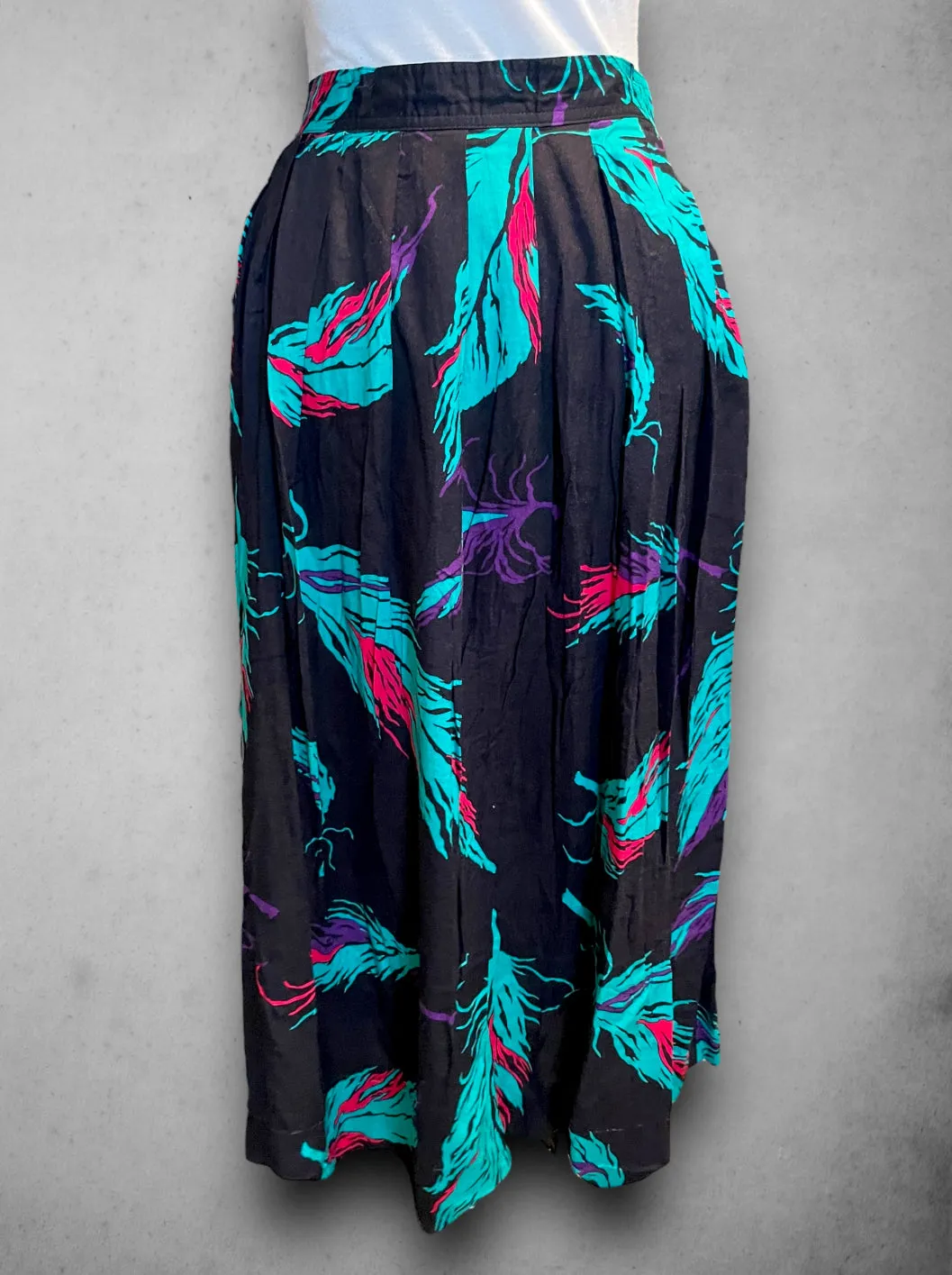 Vintage 1980’s Long Black, Teal Blue, Magenta Pink & Purple Feather Pattern Pocket Skirt