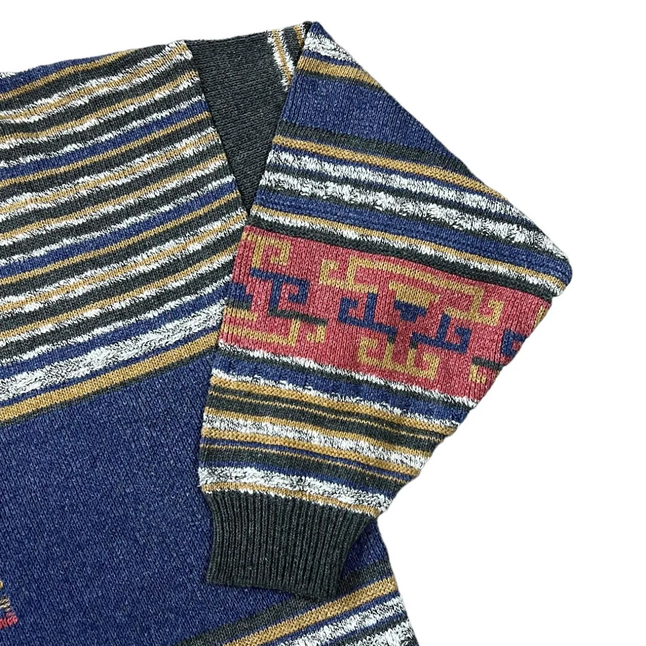 Vintage 90's Colour Block Grandad Patterned Acrylic Cotton Knit Crewneck Sweater Jumper