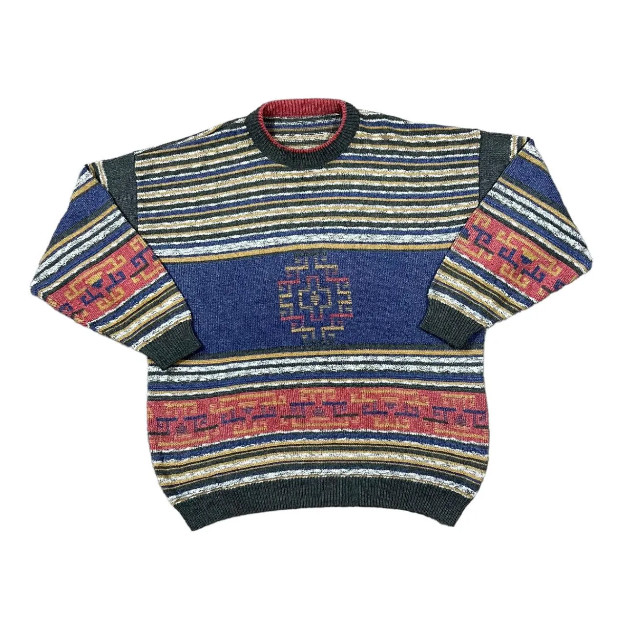 Vintage 90's Colour Block Grandad Patterned Acrylic Cotton Knit Crewneck Sweater Jumper