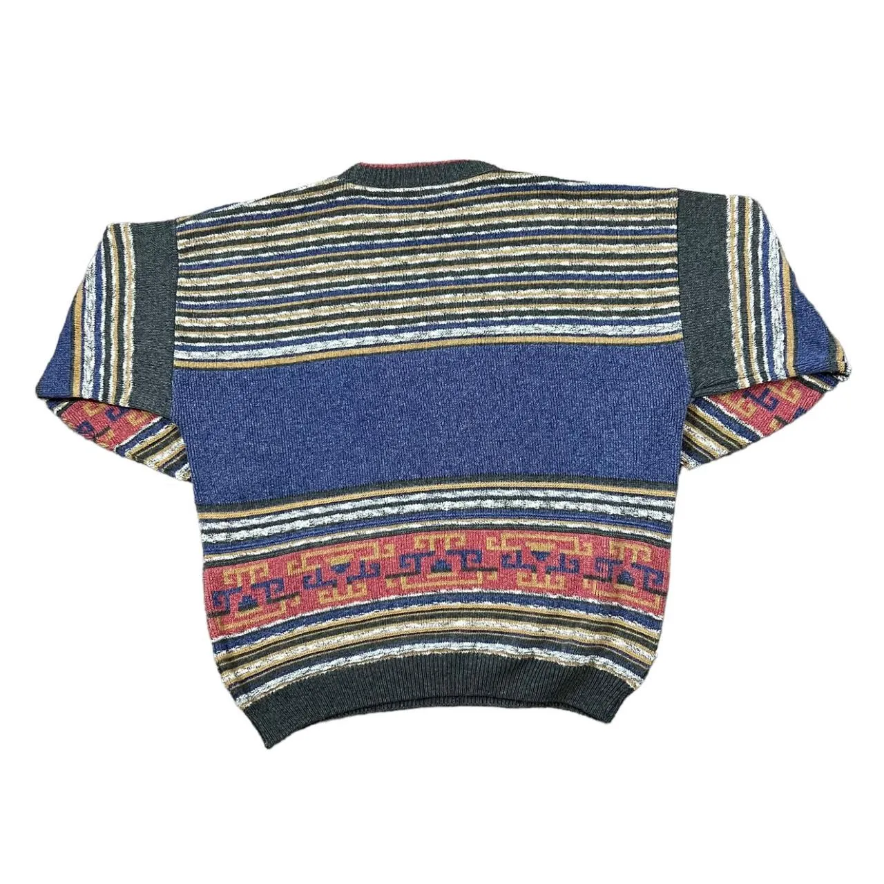 Vintage 90's Colour Block Grandad Patterned Acrylic Cotton Knit Crewneck Sweater Jumper