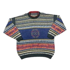 Vintage 90's Colour Block Grandad Patterned Acrylic Cotton Knit Crewneck Sweater Jumper