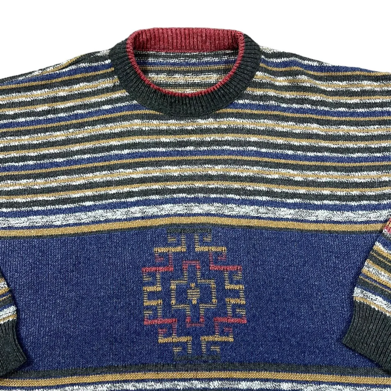 Vintage 90's Colour Block Grandad Patterned Acrylic Cotton Knit Crewneck Sweater Jumper