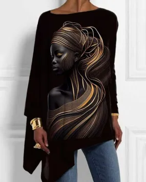 Women's Black Girl Line Print Irregular Top