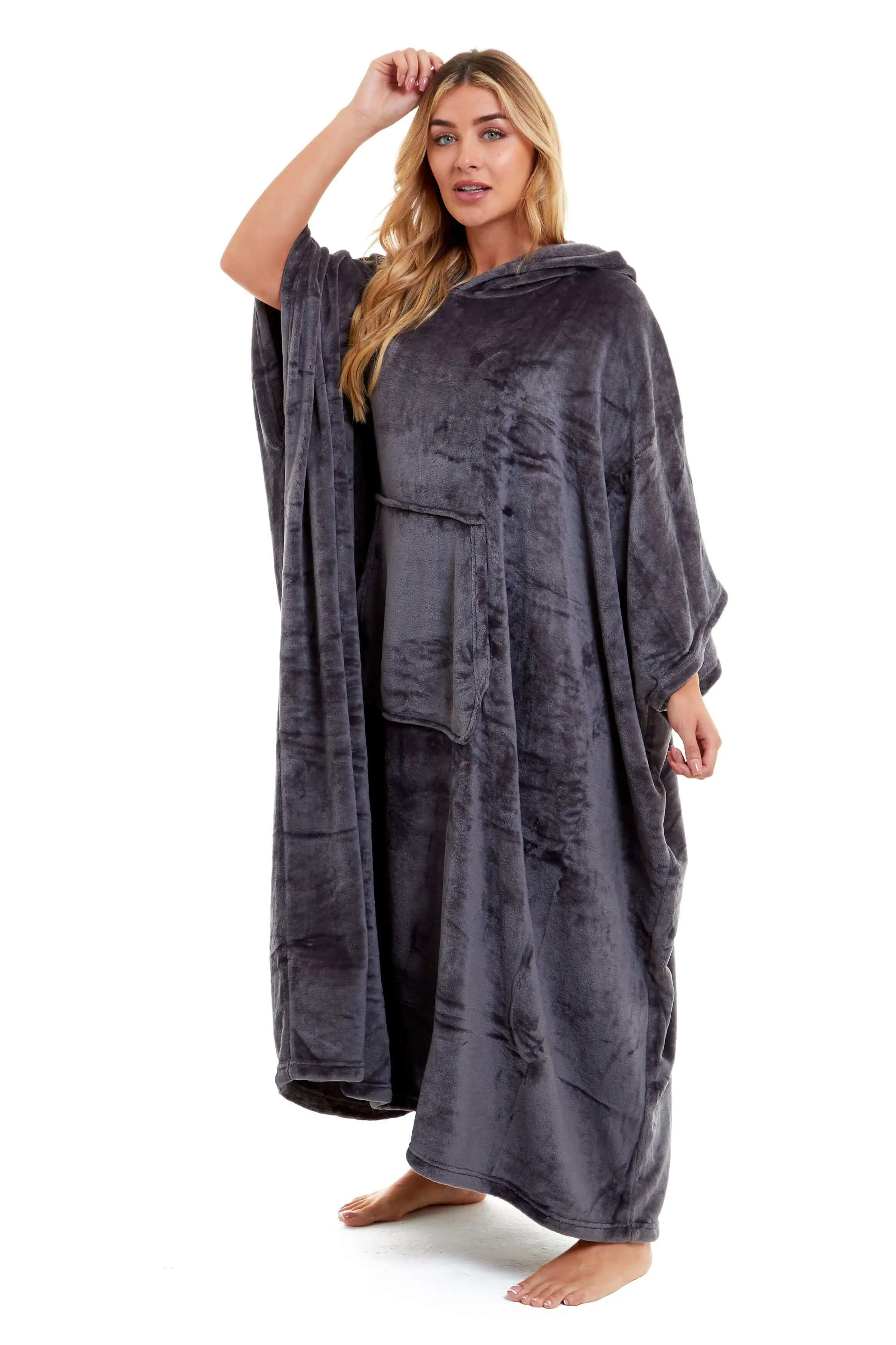 Women's Super Soft Oversized Hooded Poncho Blanket Navy Charcoal Flannel Fleece Cozy Loungewear Nightwear Warm Hoodie One Size Fits Most Adults by Daisy Dreamer