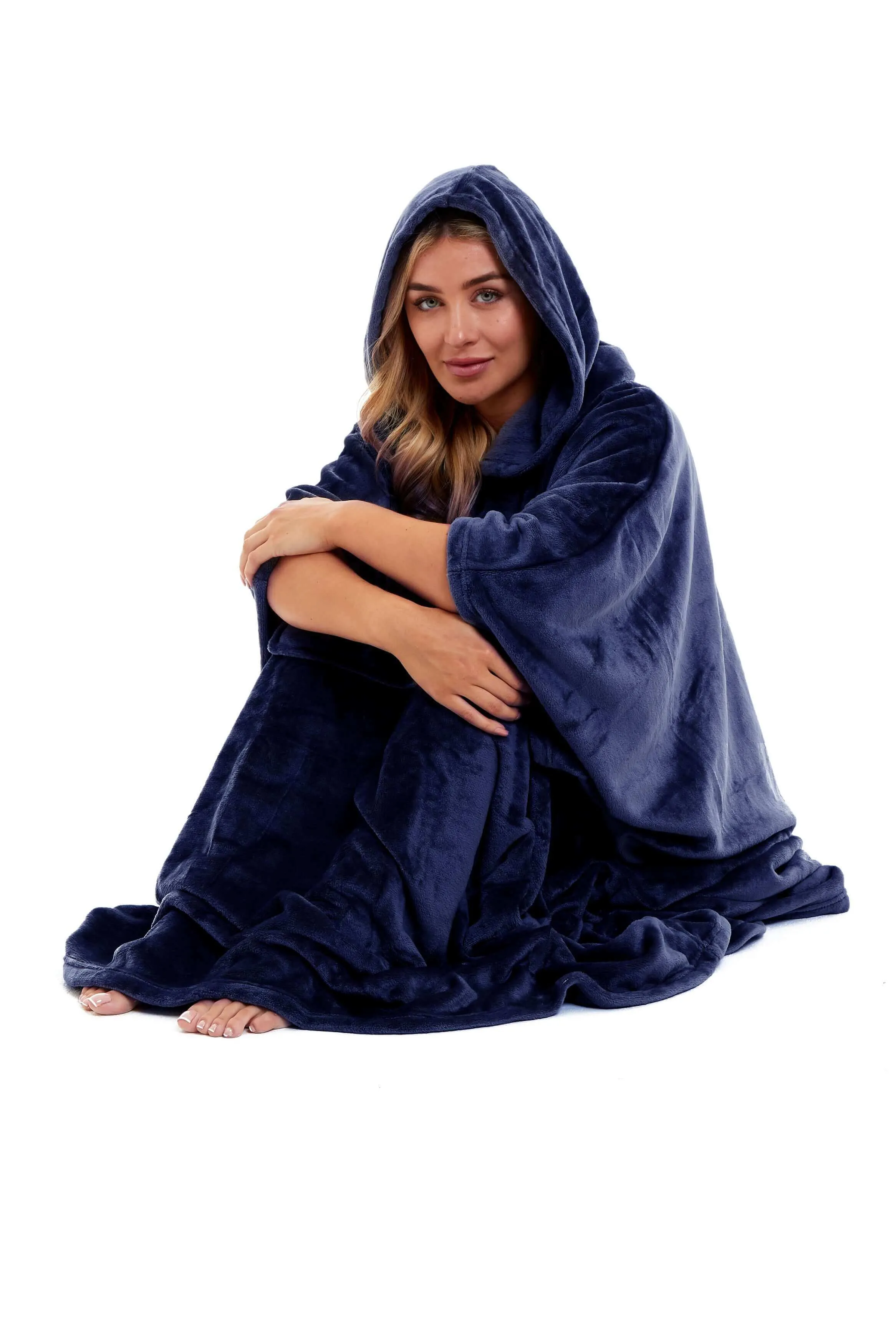 Women's Super Soft Oversized Hooded Poncho Blanket Navy Charcoal Flannel Fleece Cozy Loungewear Nightwear Warm Hoodie One Size Fits Most Adults by Daisy Dreamer
