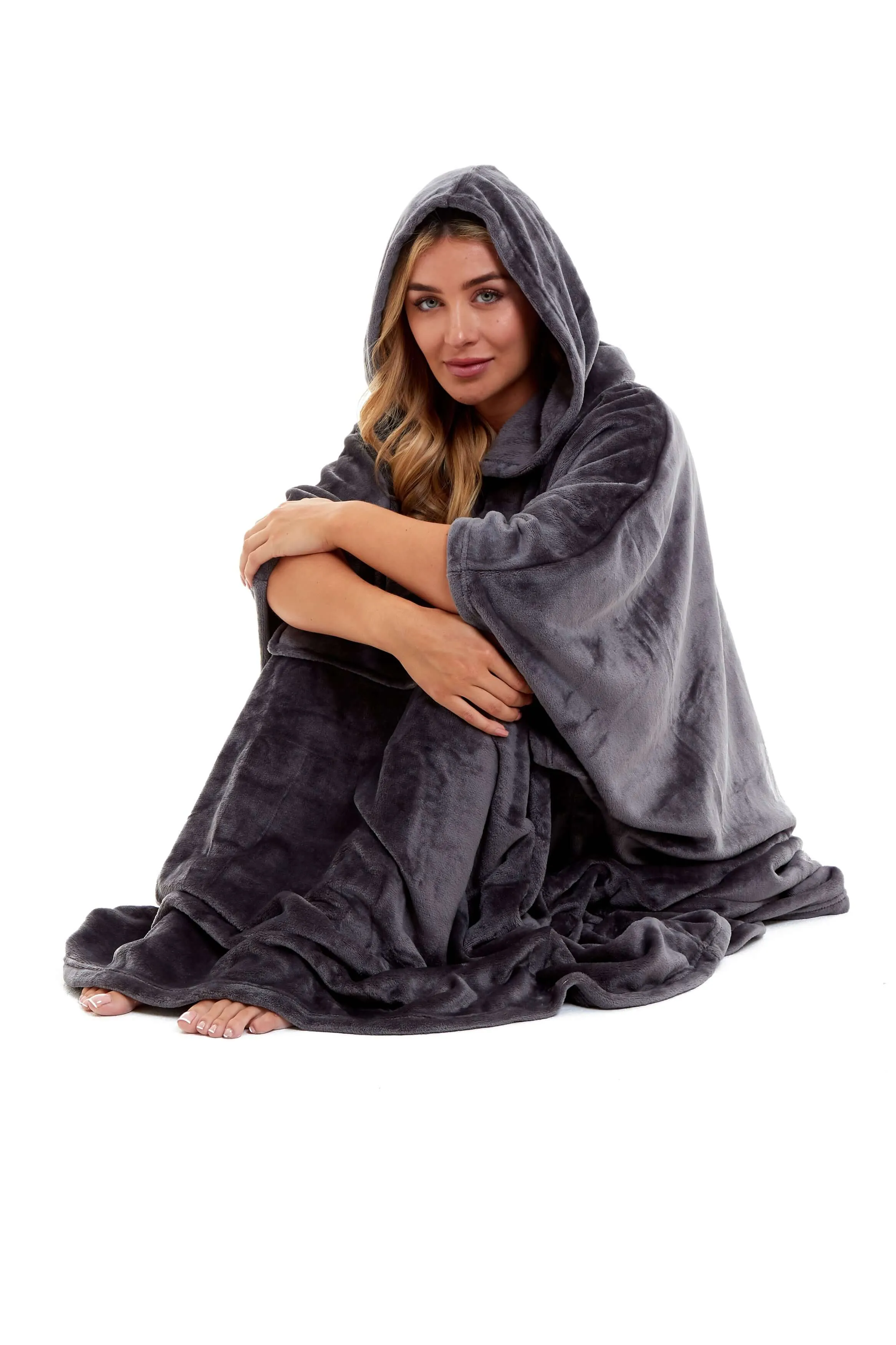 Women's Super Soft Oversized Hooded Poncho Blanket Navy Charcoal Flannel Fleece Cozy Loungewear Nightwear Warm Hoodie One Size Fits Most Adults by Daisy Dreamer