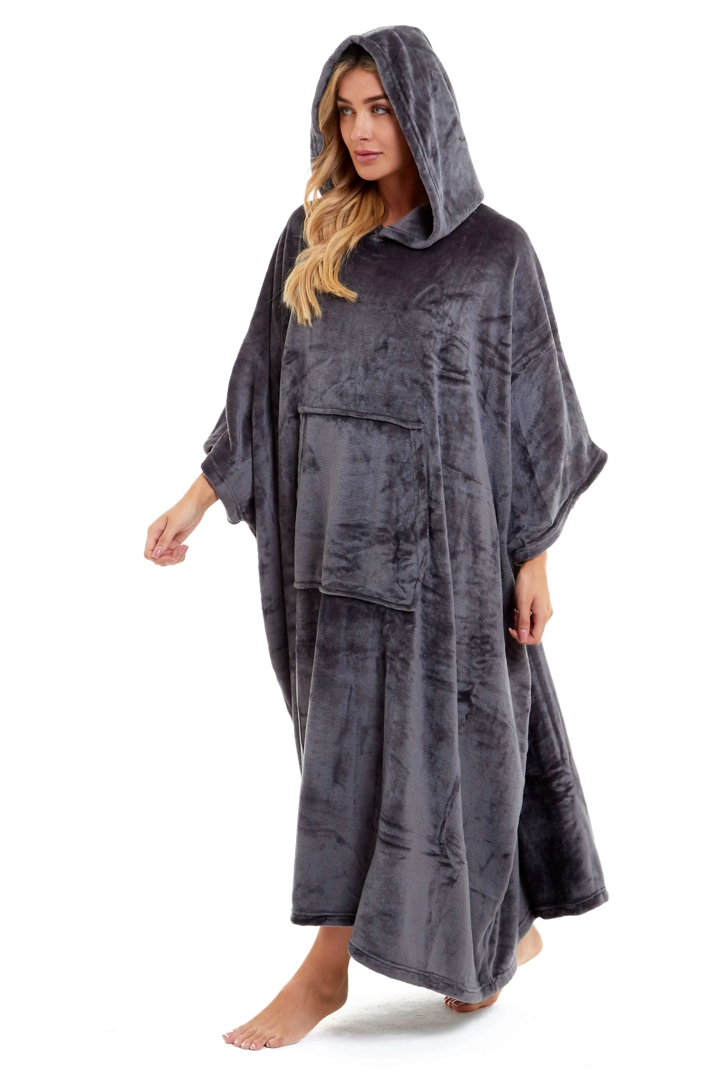 Women's Super Soft Oversized Hooded Poncho Blanket Navy Charcoal Flannel Fleece Cozy Loungewear Nightwear Warm Hoodie One Size Fits Most Adults by Daisy Dreamer