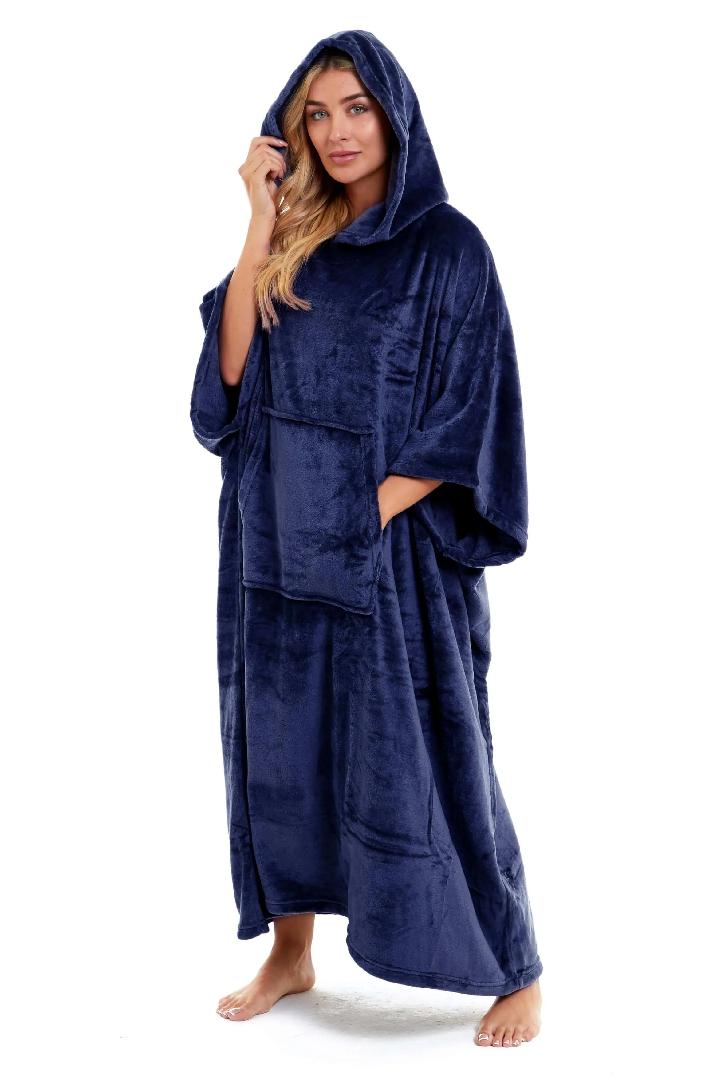 Women's Super Soft Oversized Hooded Poncho Blanket Navy Charcoal Flannel Fleece Cozy Loungewear Nightwear Warm Hoodie One Size Fits Most Adults by Daisy Dreamer
